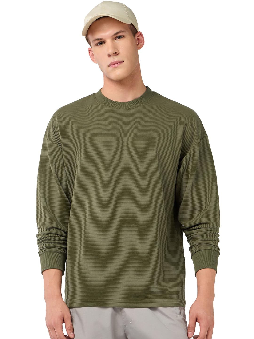 Bewakoof Heavy Duty 1.0 Mens Textured Oversized Fit Full Sleeve Round Neck Polycotton T-Shirt_685341_Green_M