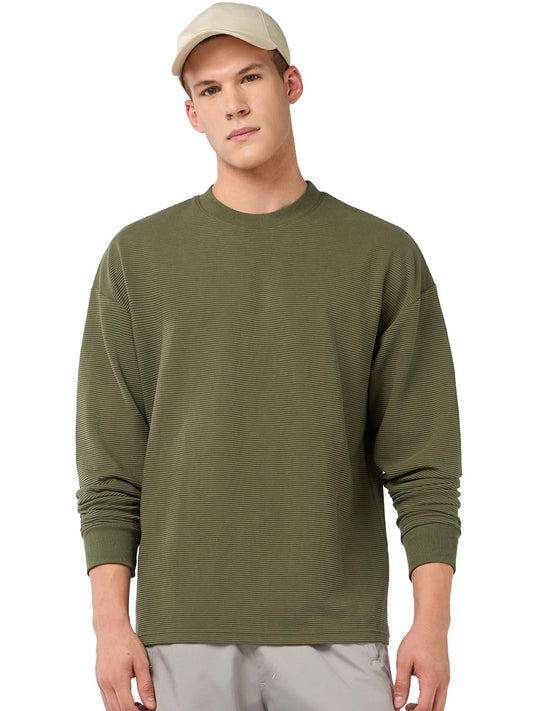 Bewakoof Heavy Duty 1.0 Mens Textured Oversized Fit Full Sleeve Round Neck Polycotton T-Shirt_685341_Green_M
