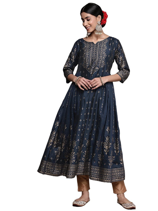 ishin Women's Silk Blend Teal Printed Anarkali Kurta