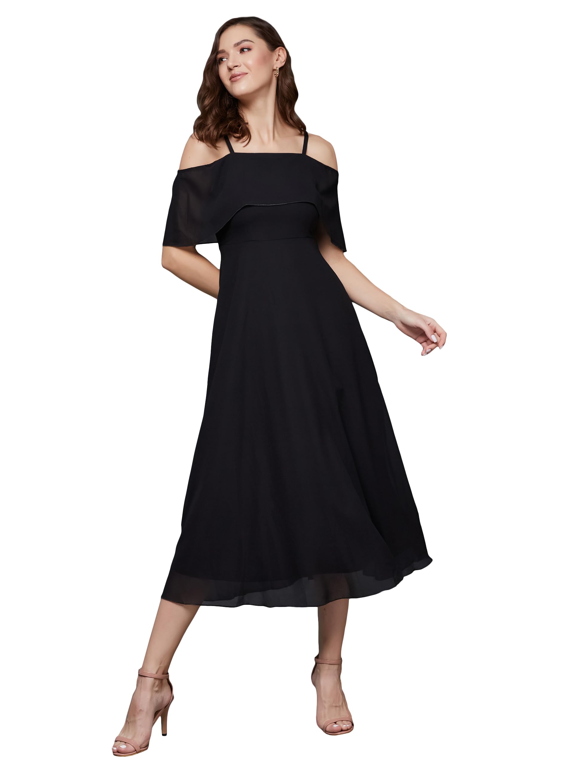 Miss Chase WomenS Bardot Style Sleeveless Spaghetti Strap Solid Off Shoulder Midi Skater Dress(Mcss23D98-24-62-06, Black, Xl)