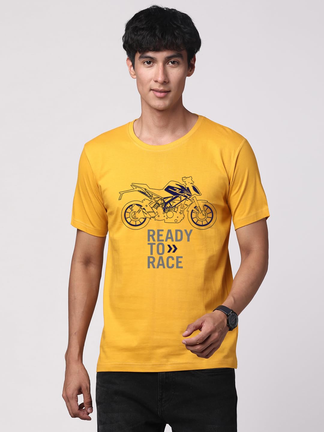 ADRO Men's Biker Design Printed 100% Cotton T-Shirt - Regular Fit, Printed T-Shirts for Men (RN24-KTM-MU_Mustard)