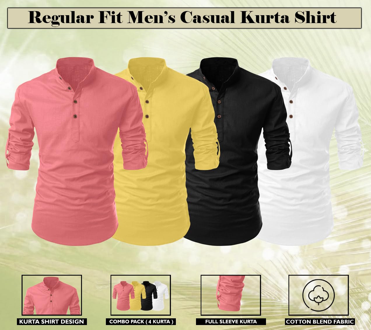 Zombom MenS Cotton Polyester Blend Solid Full Sleeve Regular Fit Kurta Shirt, Multicolor, Xl, Combo Set Of 4