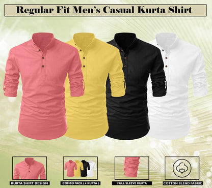 Zombom MenS Cotton Polyester Blend Solid Full Sleeve Regular Fit Kurta Shirt, Multicolor, Xl, Combo Set Of 4