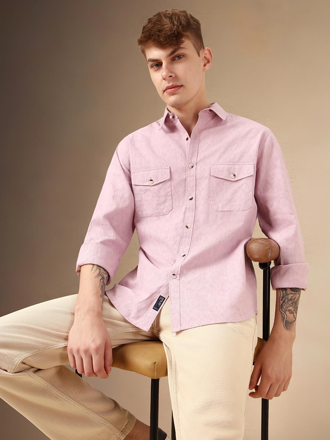 Dennis Lingo Men Pink 100% Cotton Full Sleeve Spread Collar Self Design Shirts
