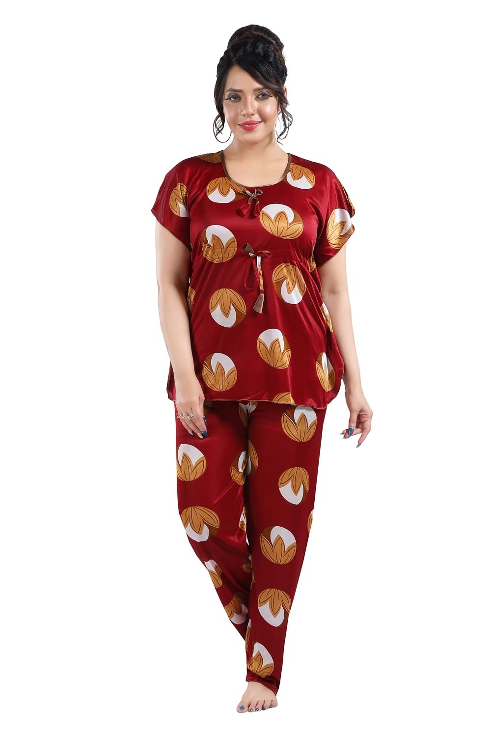 Fabme WomenS Satin Maroon Printed Kaftan Top & Pyjama Set