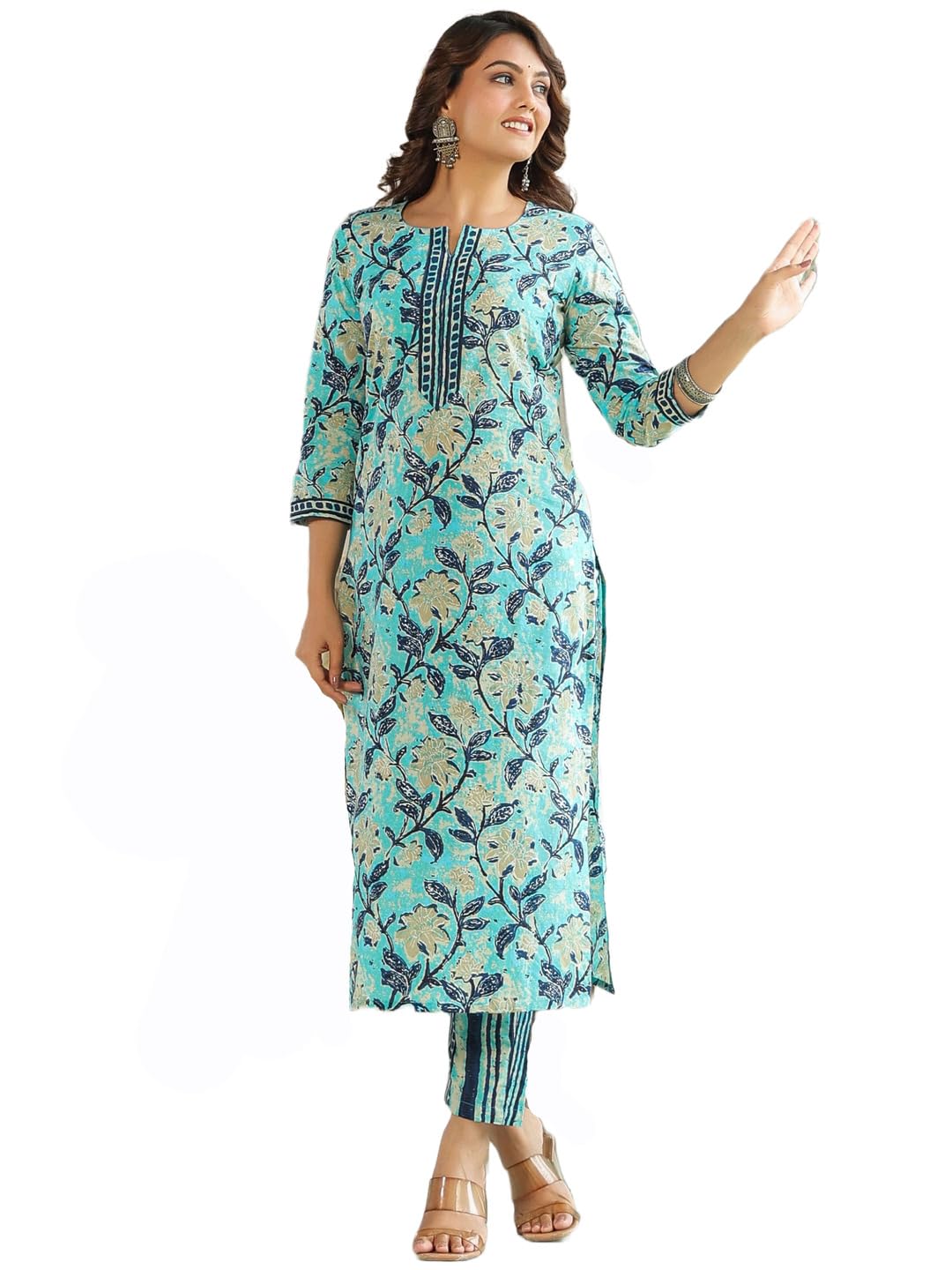 ANNI DESIGNER Womens Cotton Blend Floral Straight Kurta with Pant (Saanvi Navy Blue-NWG Medium)