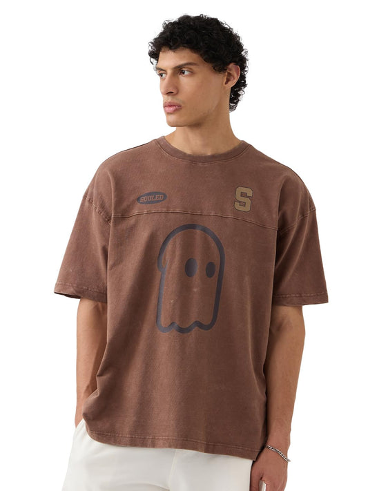 The Souled Store So Sporty Men and Boys Short Sleeves Round Neck Brown Graphic Printed Cotton Oversized T-Shirts