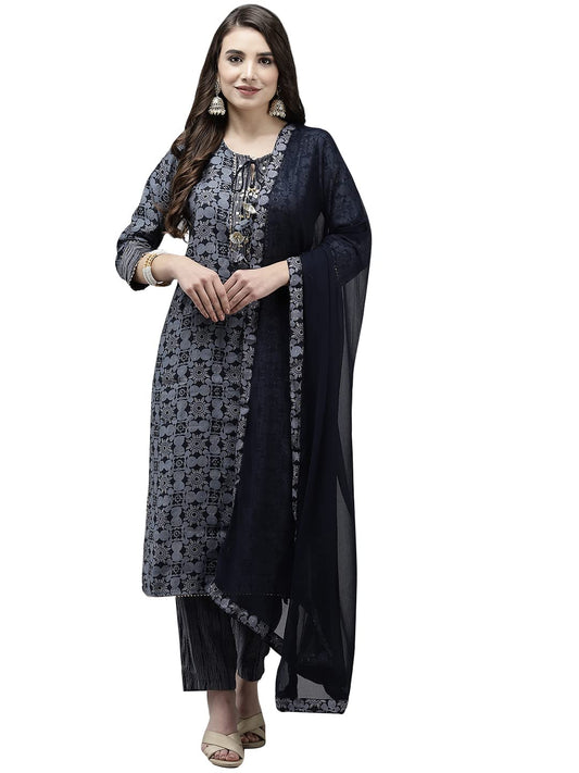 ishin Women's Silk Blend Navy Blue Embroidered & Gotta Patti A-Line Kurta suit set With Dupatta & Pant