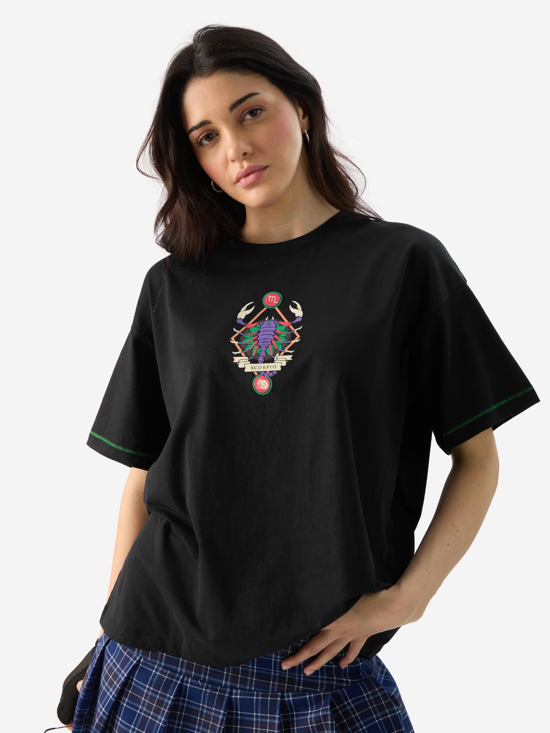 The Souled Store Zodiac: Scorpio Women and Girls Short Sleeves Round Neck Black Graphic Printed Cotton Oversized T-Shirts