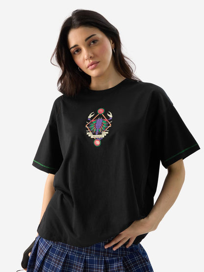 The Souled Store Zodiac: Scorpio Women and Girls Short Sleeves Round Neck Black Graphic Printed Cotton Oversized T-Shirts