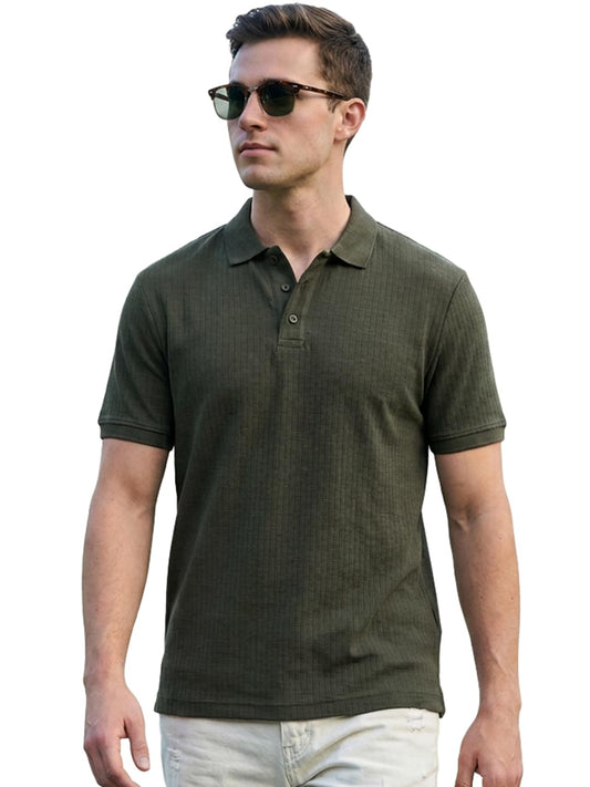 Bewakoof MenS Textured Regular Fit Half Sleeve Pure Cotton Polo T-Shirt_689675_Green_S