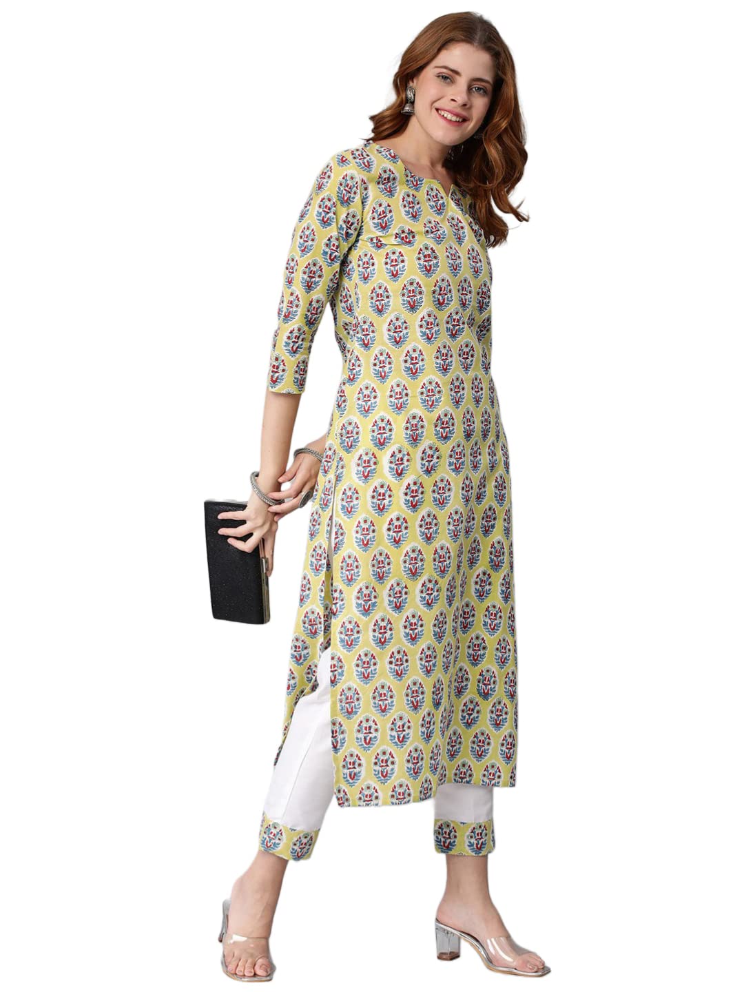 ANNI DESIGNER Women's Cotton Blend Traditional Straight Printed Kurta with Pant Set (Who Green)