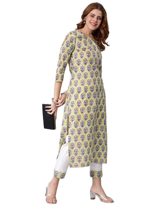 ANNI DESIGNER Women's Cotton Blend Traditional Straight Printed Kurta with Pant Set (Who Green)