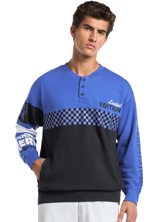 Bewakoof Heavy Duty 1.0 Mens Colorblock Oversized Fit Full Sleeve Mandarin Collar Poly Cotton Sweatshirt_644543_Blue_S