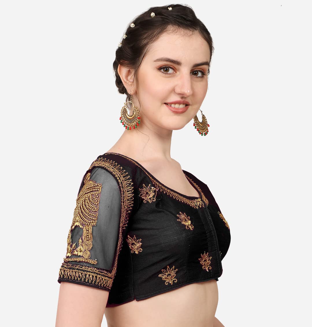 Pujia Mills WomenS Multicolor Temple Embroidery Net Back Sequence Khatli Work Sleeves Design Phantom Silk Readymade Saree Blous