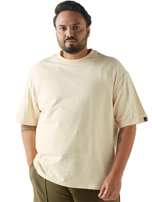 Bewakoof Heavy Duty 1.0 Mens Solid Oversized Fit Half Sleeve Round Neck Terry Plus Size T-Shirt_646884_Off White_3XL