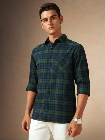 Dennis Lingo Men Flannel Check 100% Cotton Relaxed Fit Full Sleeves Shirts Teal