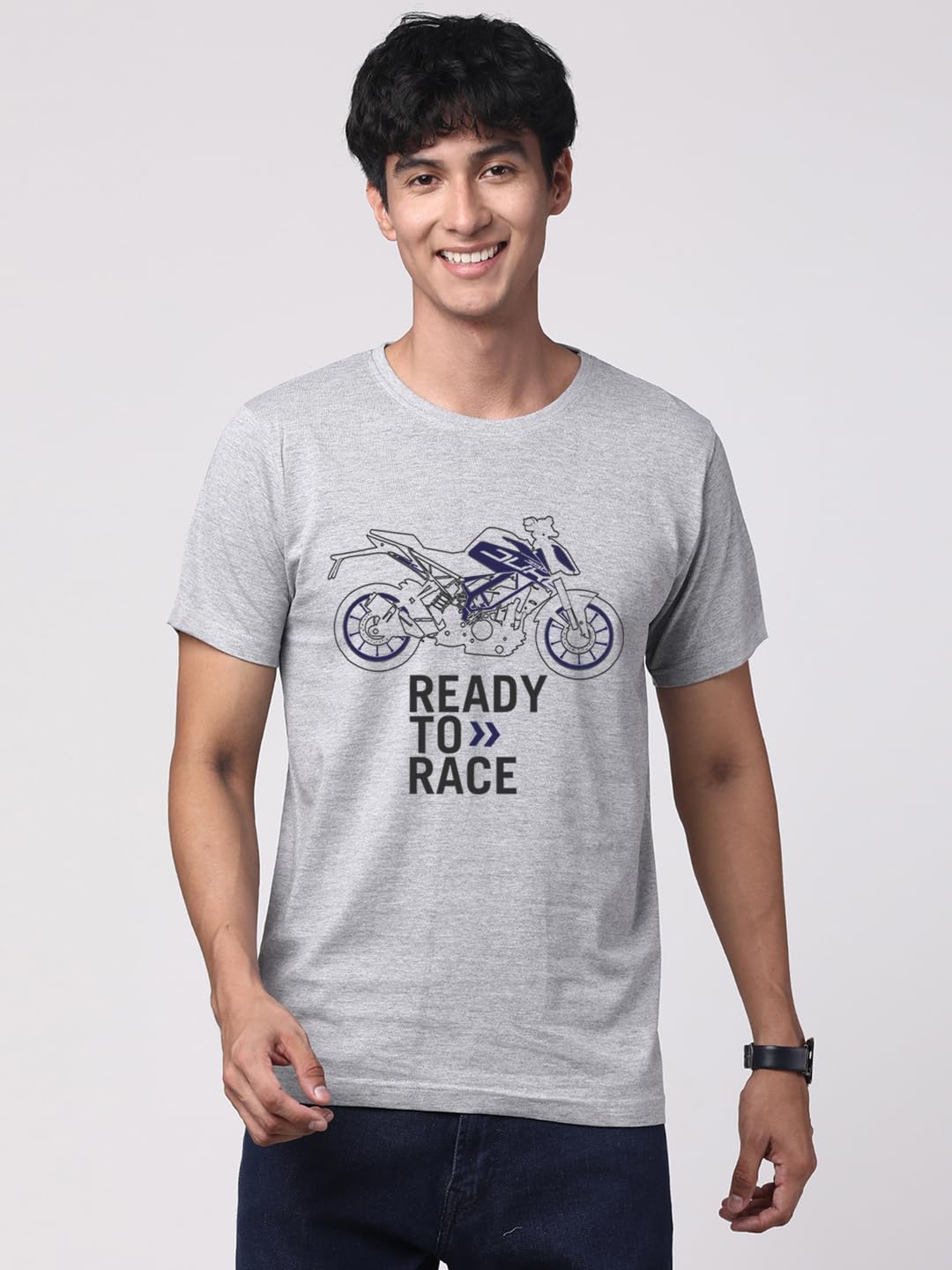 ADRO Men's Biker Design Printed 100% Cotton T-Shirt - Regular Fit, Printed T-Shirts for Men (RN24-KTM-GR_Grey)