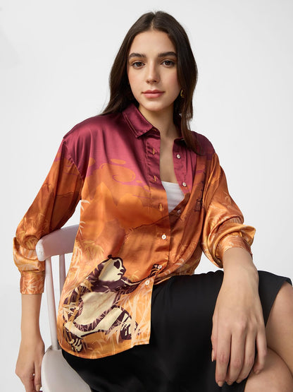 The Souled Store Satin Shirt: Kung Fu Panda Women and Girls Long Sleeves Collared Neck Button Front Orange Polyester Regular Fit