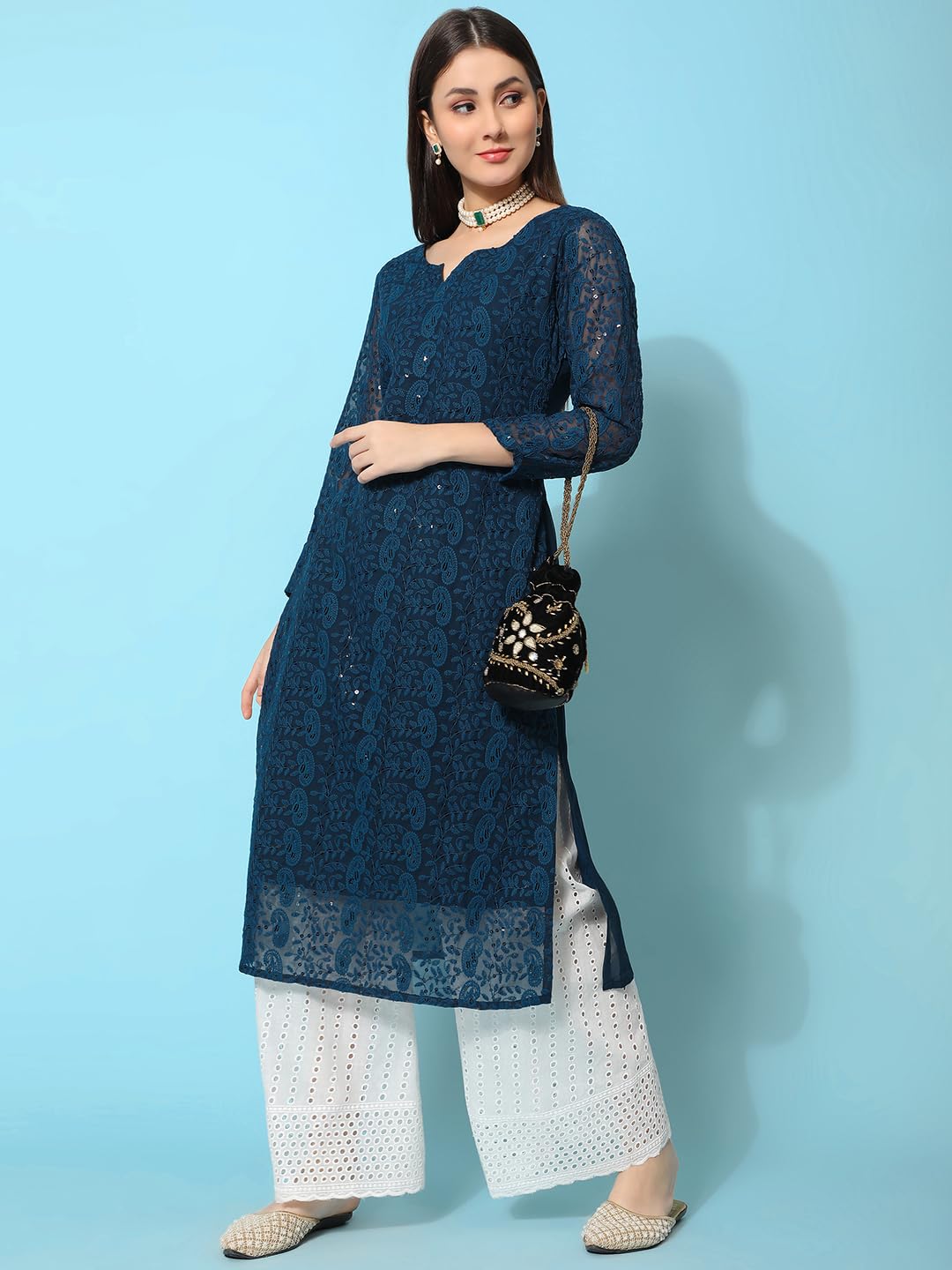 Gufrina WomenS Georgette Straight Kurta Palazzo With Notch Neck 3/4Th Sleeves Solid Pattern Chikankari Work Calf Length And Reg