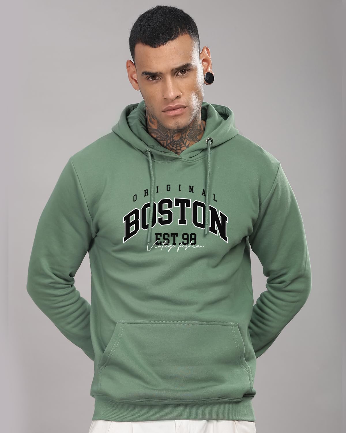 ADRO Men's Cotton Neck Hooded Sweatshirt (H24-BOST-PT_Pista