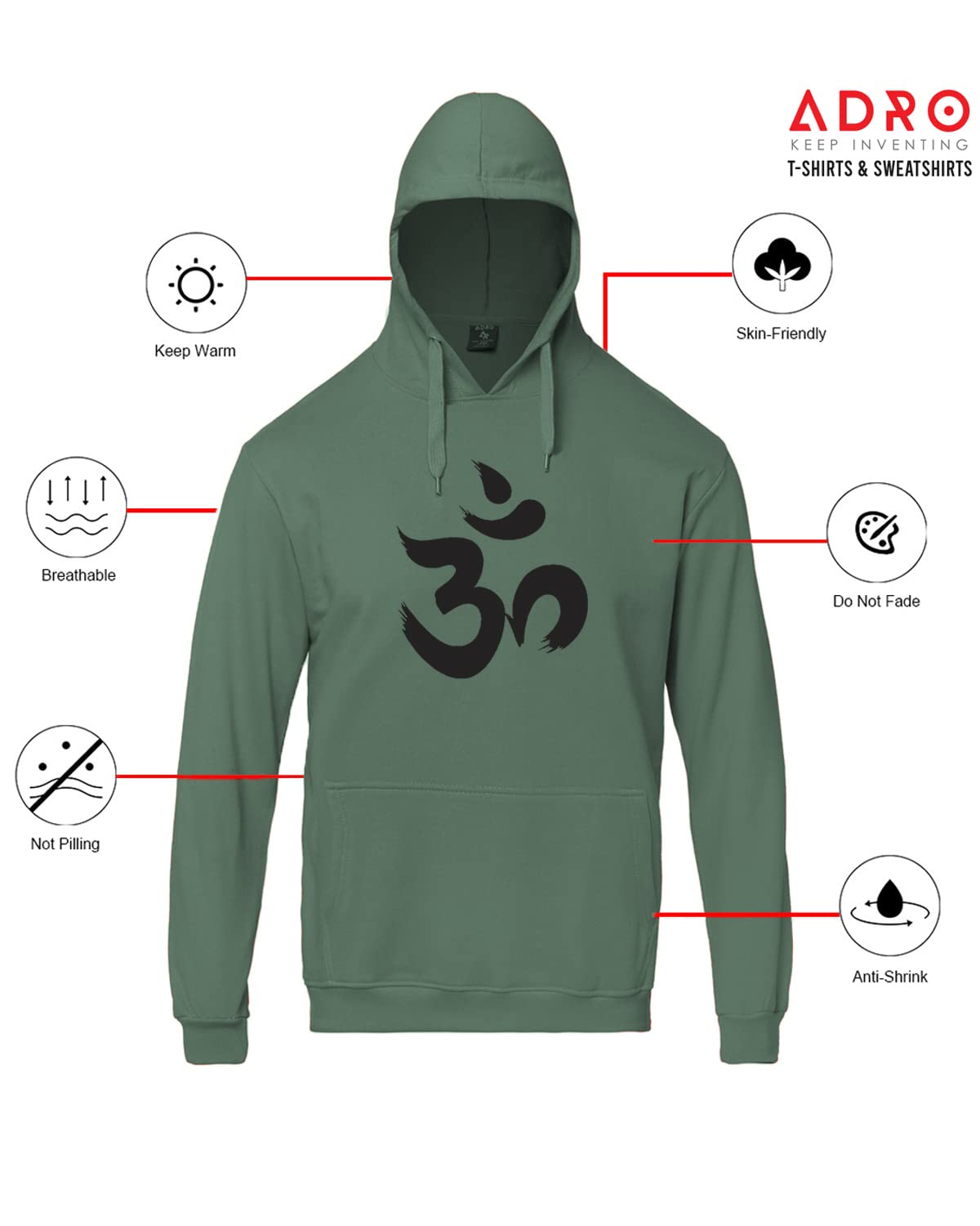 ADRO OM Design Printed Hoodies/Sweatshirts for Men & Women (H20-M-OUM-PT_Pista)