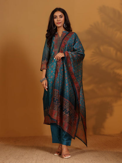 Varanga Ethnic Patola Printed,Straight Kurta With Solid Bottom And Printed Dupatta Teal