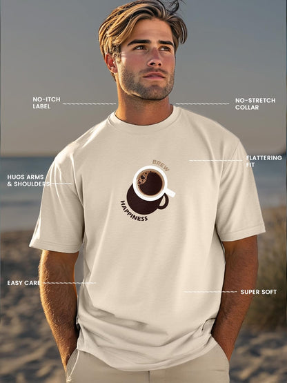 Nobero MenS Graphic Print Regular Fit T-Shirt (1M-Twts-C1030-Sa_Brew Happiness-Sand