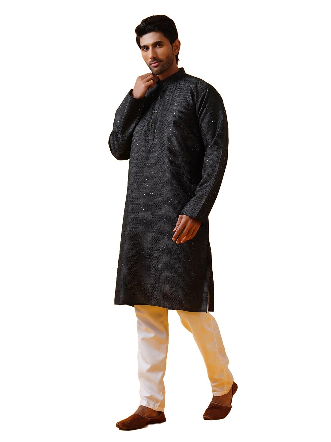 SOJANYA (Since 1958 Men's Silk Bend Krochet Thread Embroidered Black Kurta with White Pyjama