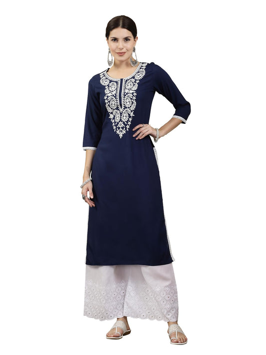 Stylum Women's Solid & Embroidered Rayon Straight Chicken Kurta (BLUEBLAST_Navy Blue)