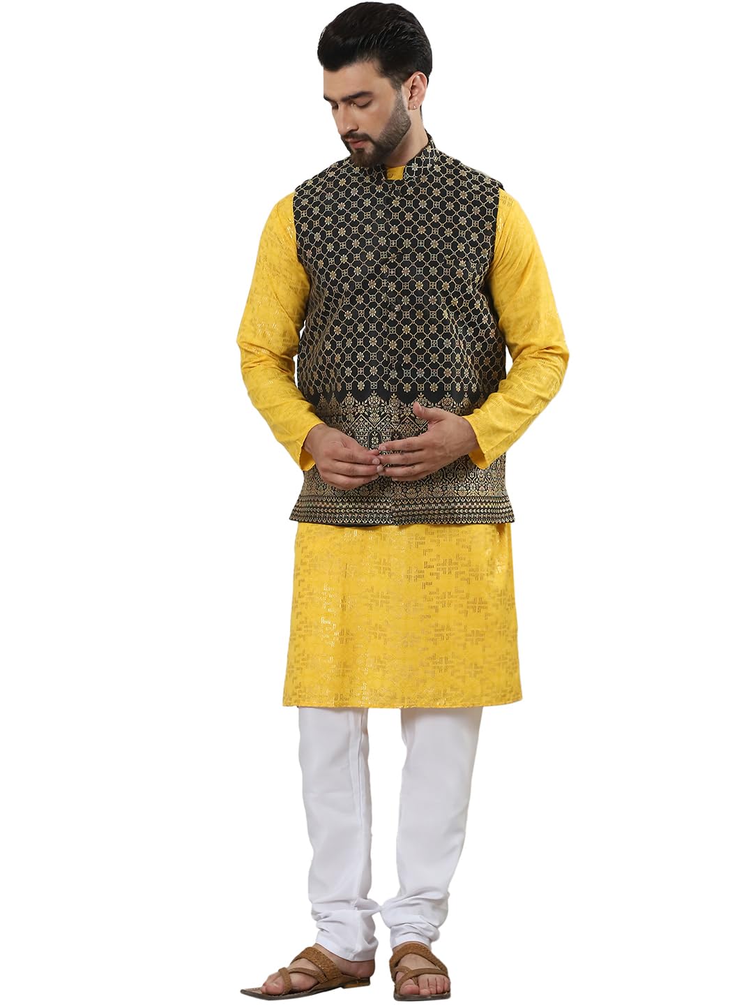 SOJANYA (Since 1958 Men's Cotton foil Printed Mustard Kurta and White Pyjama with Black Nehru Jacket