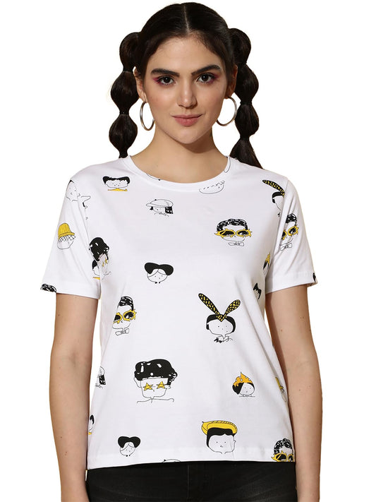 Juneberry White Cotton Round-Neck T-Shirt With Conversational Print Or Women