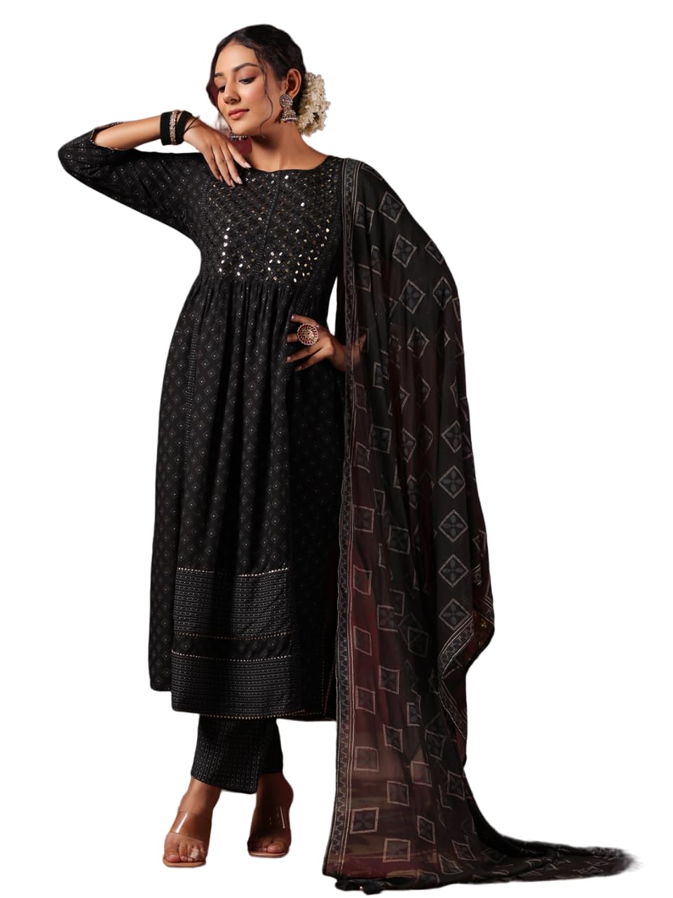 ishin Women's Ethnic Motifs Mirror Work Black Flared Kurta Suit Set with Trousers and Dupatta