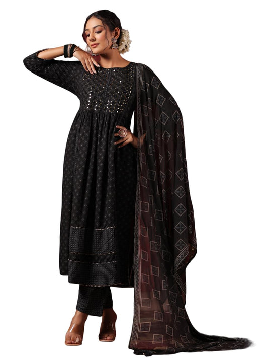 ishin Women's Ethnic Motifs Mirror Work Black Flared Kurta Suit Set with Trousers and Dupatta