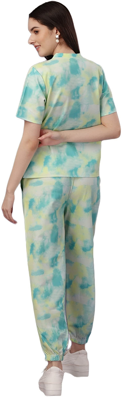 ELLITI Womens Soft Poly Cotton Tie-Dye Printed Crop Length T-Shirt and Pyjama Night Suits Set | Co-ord | Nightwear | Loungewear