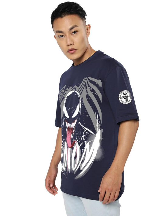 Bewakoof Official Marvel Merchandise Venom Mens Graphic Print Oversized Fit Half Sleeve Round Neck Cotton T-Shirt_651227_Blue_2