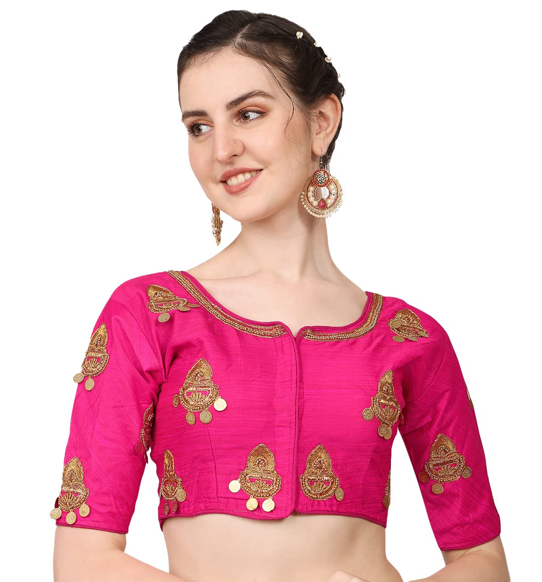 Pujia Mills WomenS Silk Embroidery Maggam Lakshmi Coin Work Readymade Saree Blouse