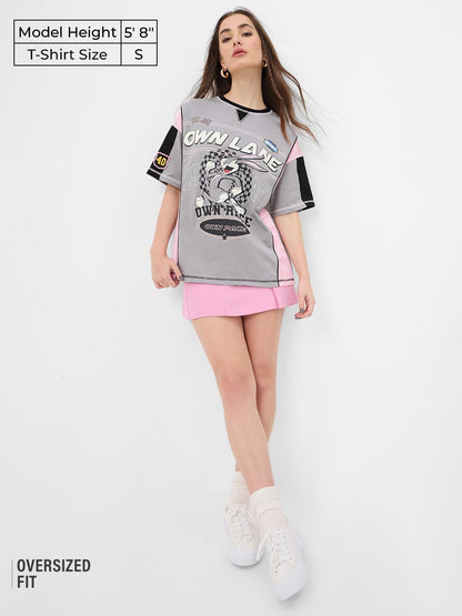 The Souled Store Bugs Bunny: Own Lane Women and Girls Short Sleeves Round Neck Grey Graphic Printed Cotton Oversized T-Shirts