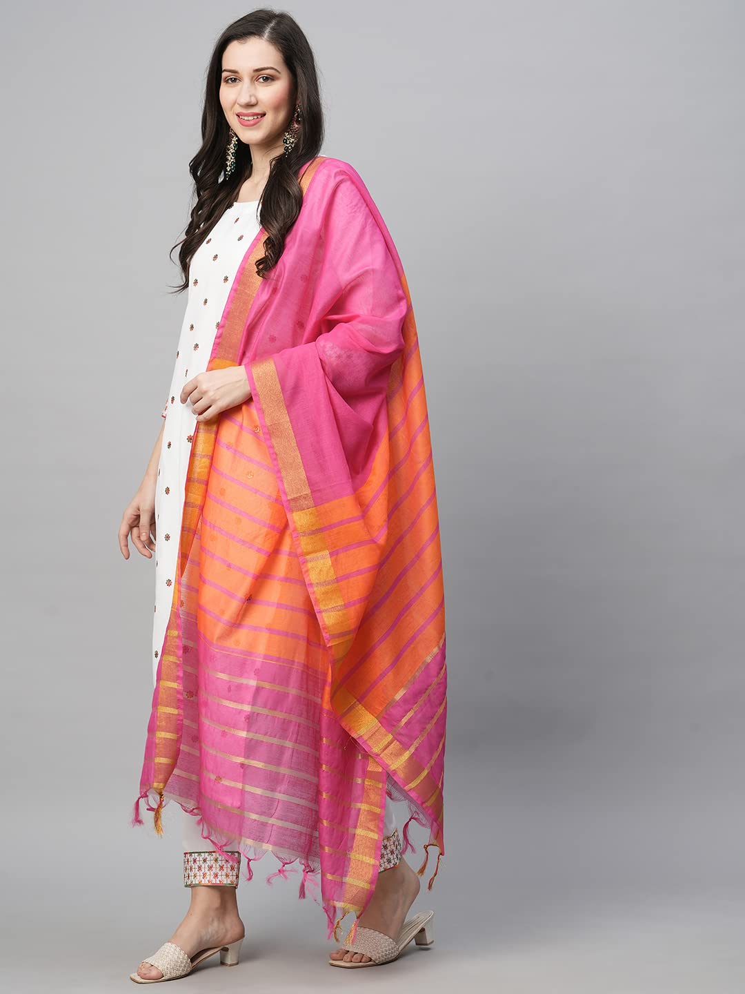 GoSriKi Women's Cotton Blend Embroidered Straight Kurta with Pant & Dupatta (SILKSI-White-GS)