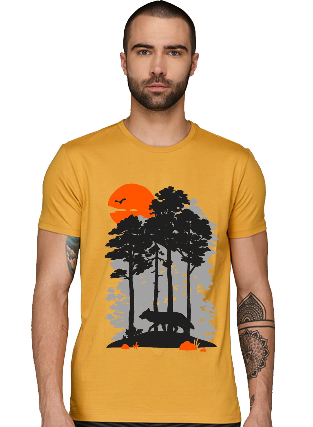 ADRO Mens Sun Printed Cotton T-Shirt (RN22-1-SUN-MU_Mustard)
