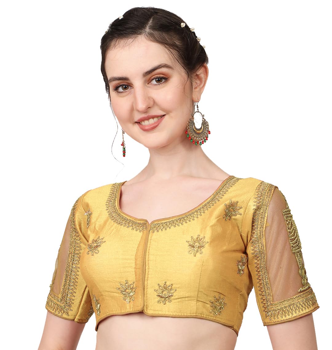 Pujia Mills WomenS Multicolor Temple Embroidery Net Back Sequence Khatli Work Sleeves Design Phantom Silk Readymade Saree Blous