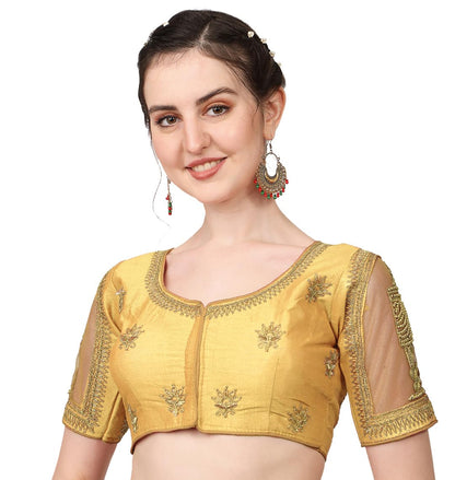 Pujia Mills WomenS Multicolor Temple Embroidery Net Back Sequence Khatli Work Sleeves Design Phantom Silk Readymade Saree Blous