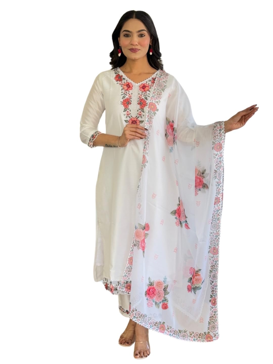 Naixa WomenS White Viscose With Cotton Lining Embroidered Straight Kurta With Viscose Pant And Taby Embroidered Laced Dupatta S