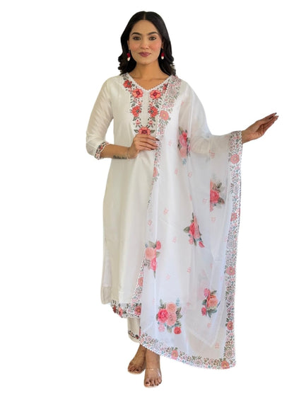 Naixa WomenS White Viscose With Cotton Lining Embroidered Straight Kurta With Viscose Pant And Taby Embroidered Laced Dupatta S