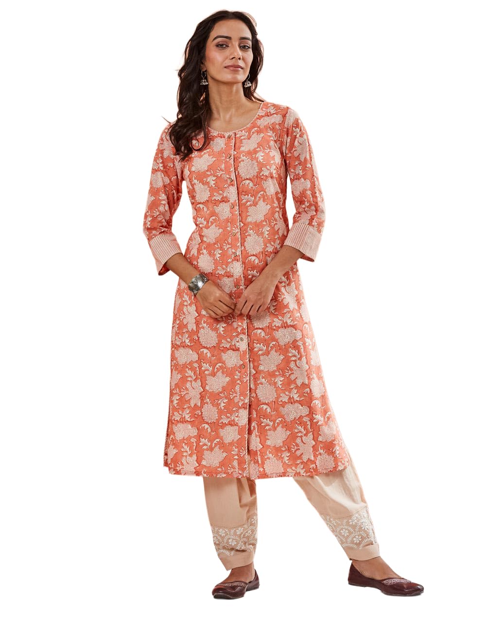 Fabindia Coral Cotton Hand Block Print Slim Fit Kurta