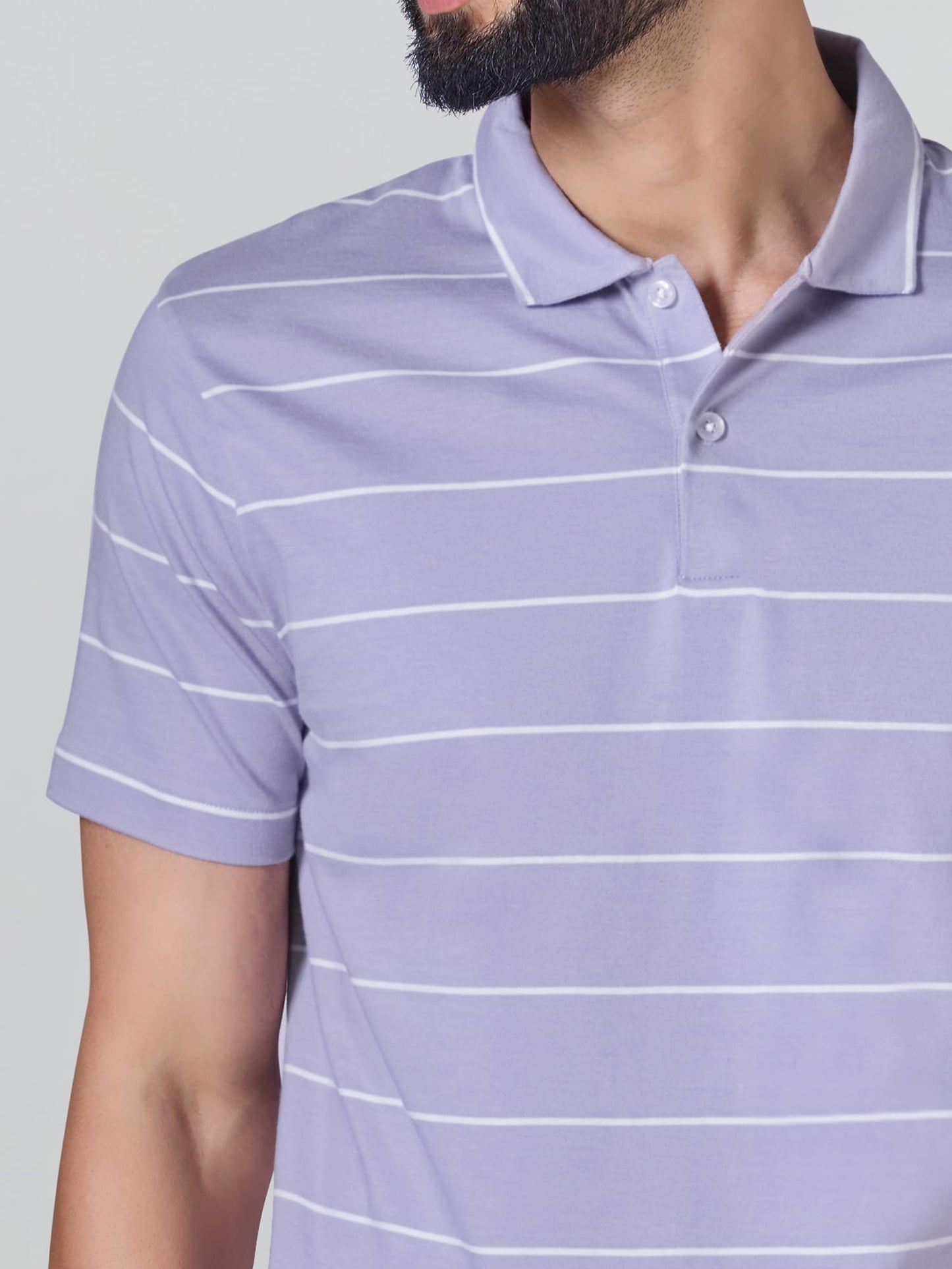 XYXX Linea Mens Stripe Cotton T-Shirt | Polo Collor Tshirts | Half Sleeves | Stripe-Slim Fit | Misty Lilac