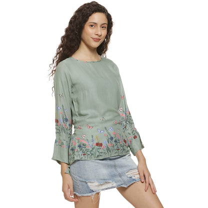 Campus Sutra Womens Sage Green Botanical Garden Top for Casual Wear | Round Neck | Quarter Sleeve | Pull On Closure | Polyester