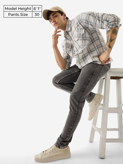 The Souled Store Denim: Cotton Blend Dark Grey Men & Boys Buttoned Slim Fit Jeans