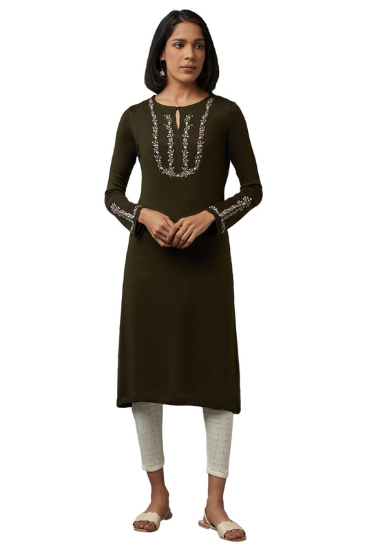 W for Woman Olive Embroidered Kurta