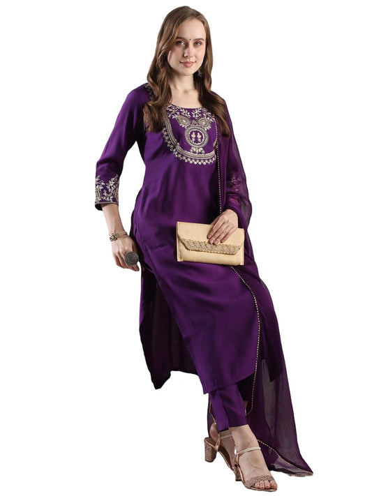 Gosriki WomenS Rayon Blend Staright Embroidered Kurta With Pant & Dupatta (Hansika Begani-Vks02-Gs_Xxl_Begani_Xx-Large)